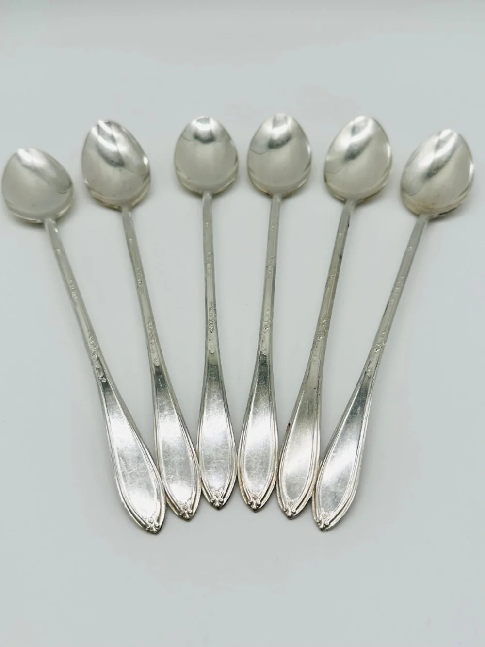 NEW ENGLAND Silver Plate Long Iced Tea Spoons LOT of 6 - Antique 1919 Rosemary